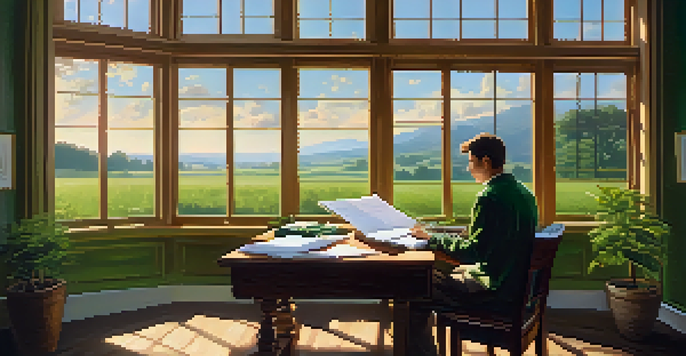 A person at a desk by a window, working on financial goals with sunlight streaming in and a view of a green field.