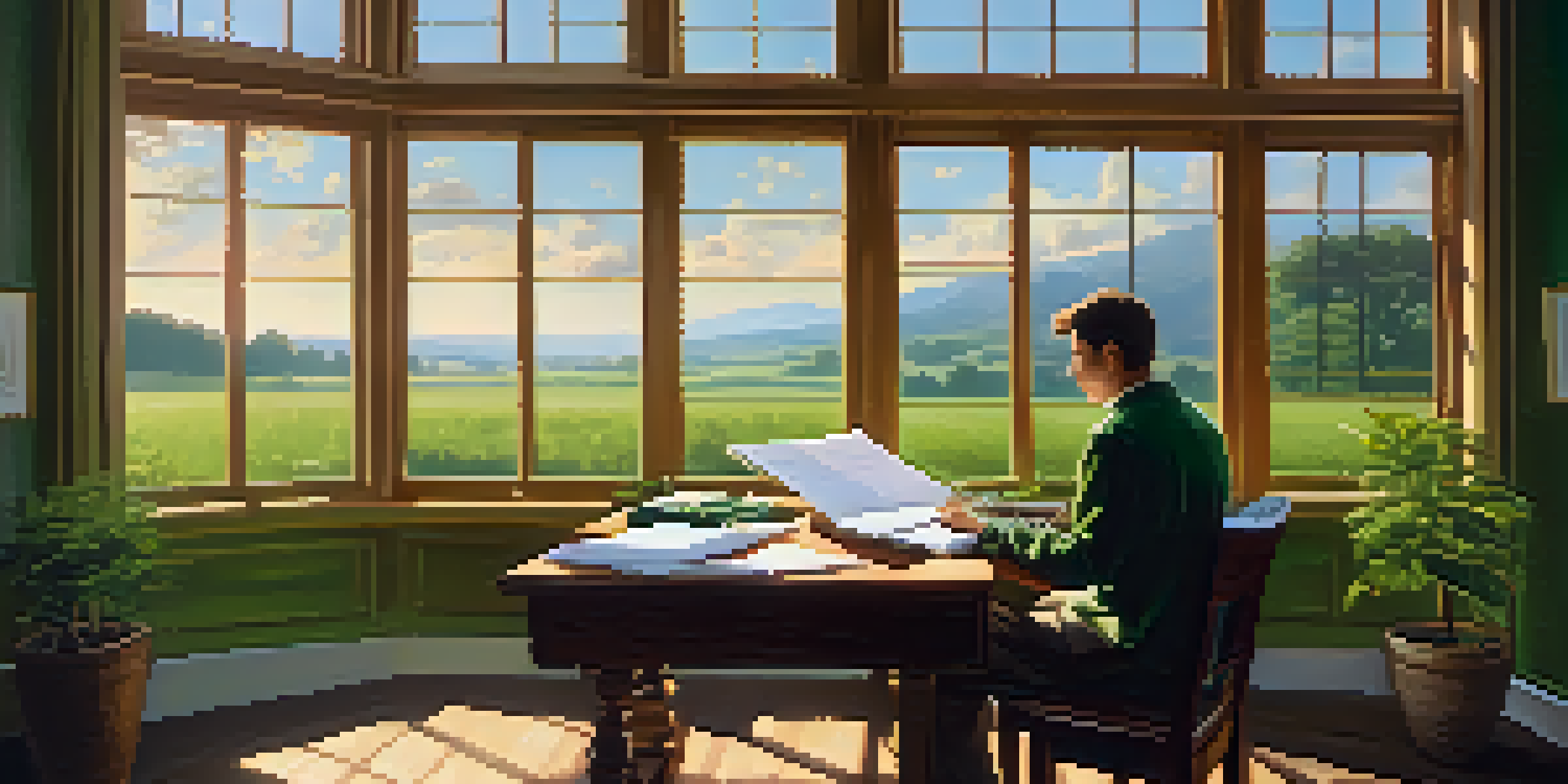 A person at a desk by a window, working on financial goals with sunlight streaming in and a view of a green field.