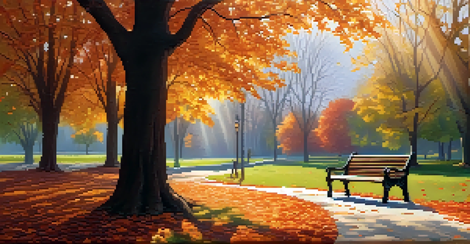 A tranquil autumn park scene with colorful falling leaves, a winding path, and a cozy bench under an oak tree, illuminated by soft sunlight.