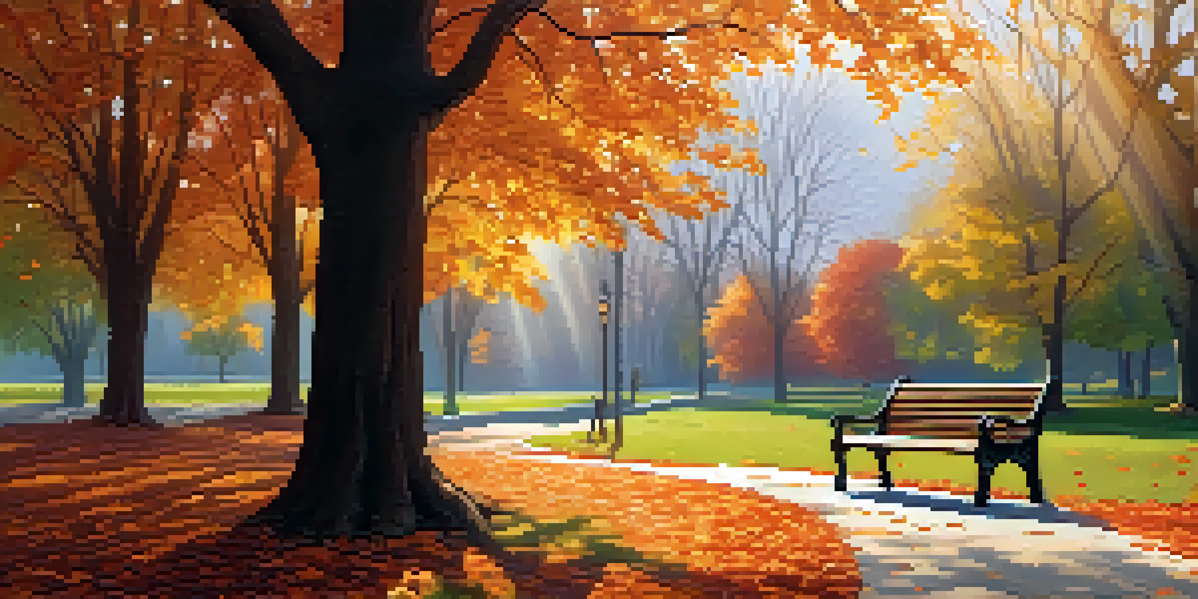 A tranquil autumn park scene with colorful falling leaves, a winding path, and a cozy bench under an oak tree, illuminated by soft sunlight.