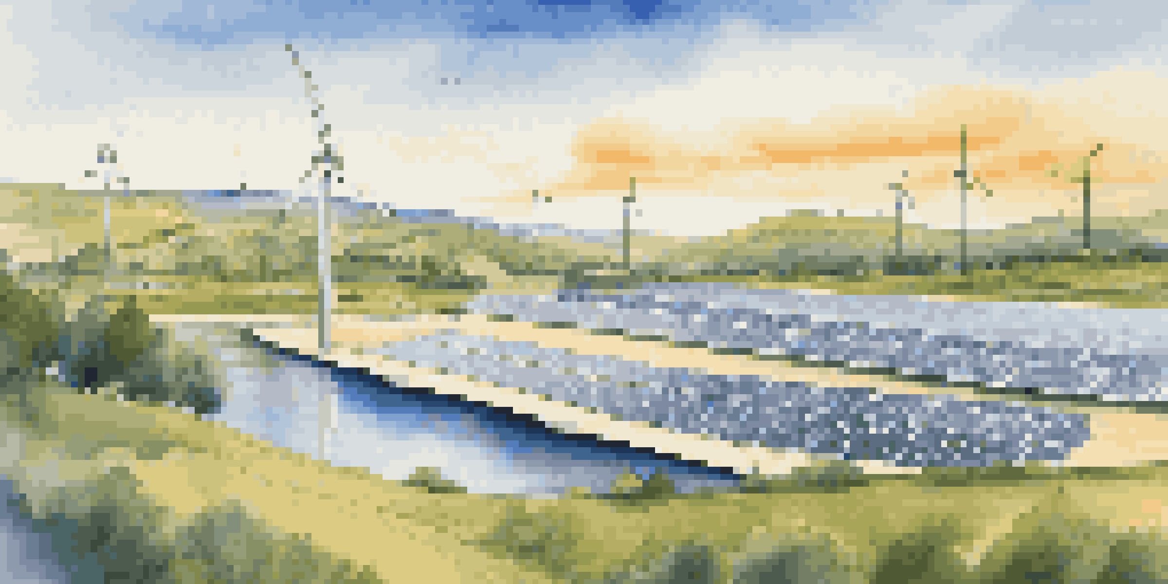 A landscape showing a solar farm, wind turbines, and a hydroelectric dam under a blue sky with fluffy clouds.