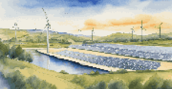 A landscape showing a solar farm, wind turbines, and a hydroelectric dam under a blue sky with fluffy clouds.