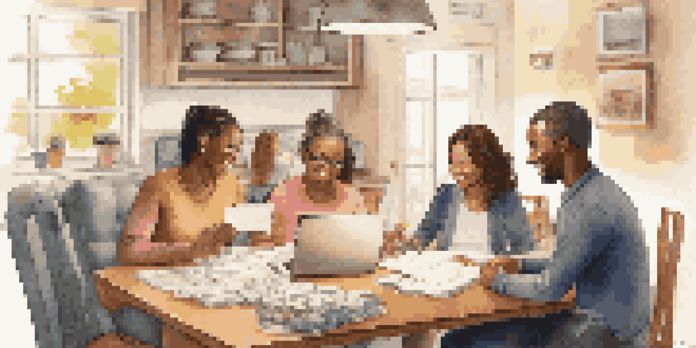 A family sitting around a dining table discussing financial planning with documents and a laptop present.