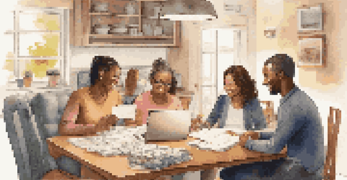 A family sitting around a dining table discussing financial planning with documents and a laptop present.
