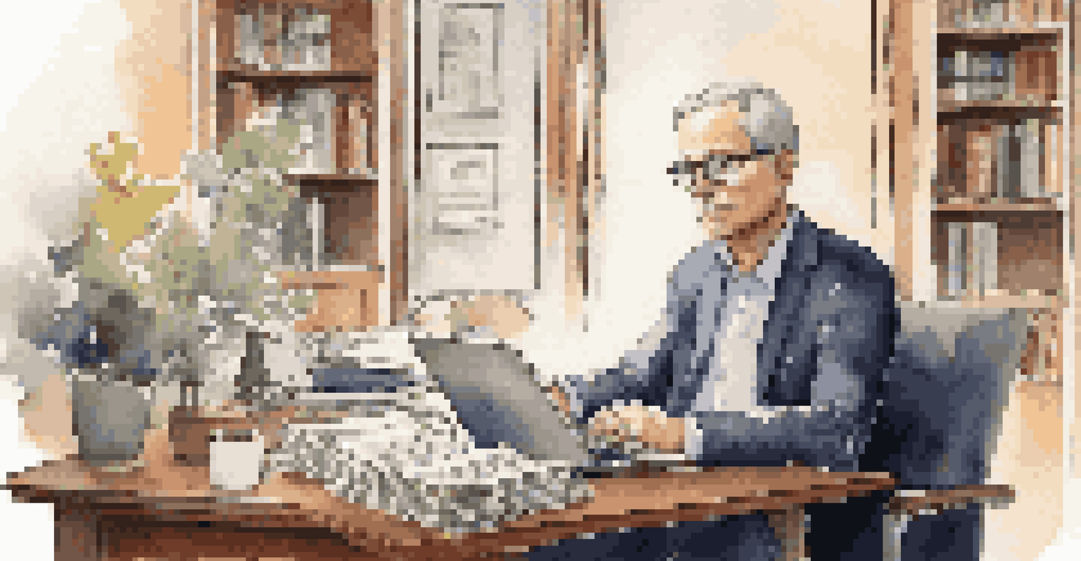 A thoughtful investor at a desk with financial reports and a laptop, in a warmly lit room.