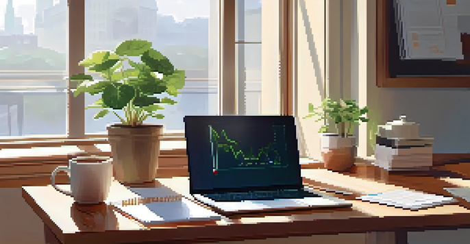 A peaceful office space featuring a wooden desk with a laptop, potted plant, and a cup of coffee, illuminated by soft morning light.