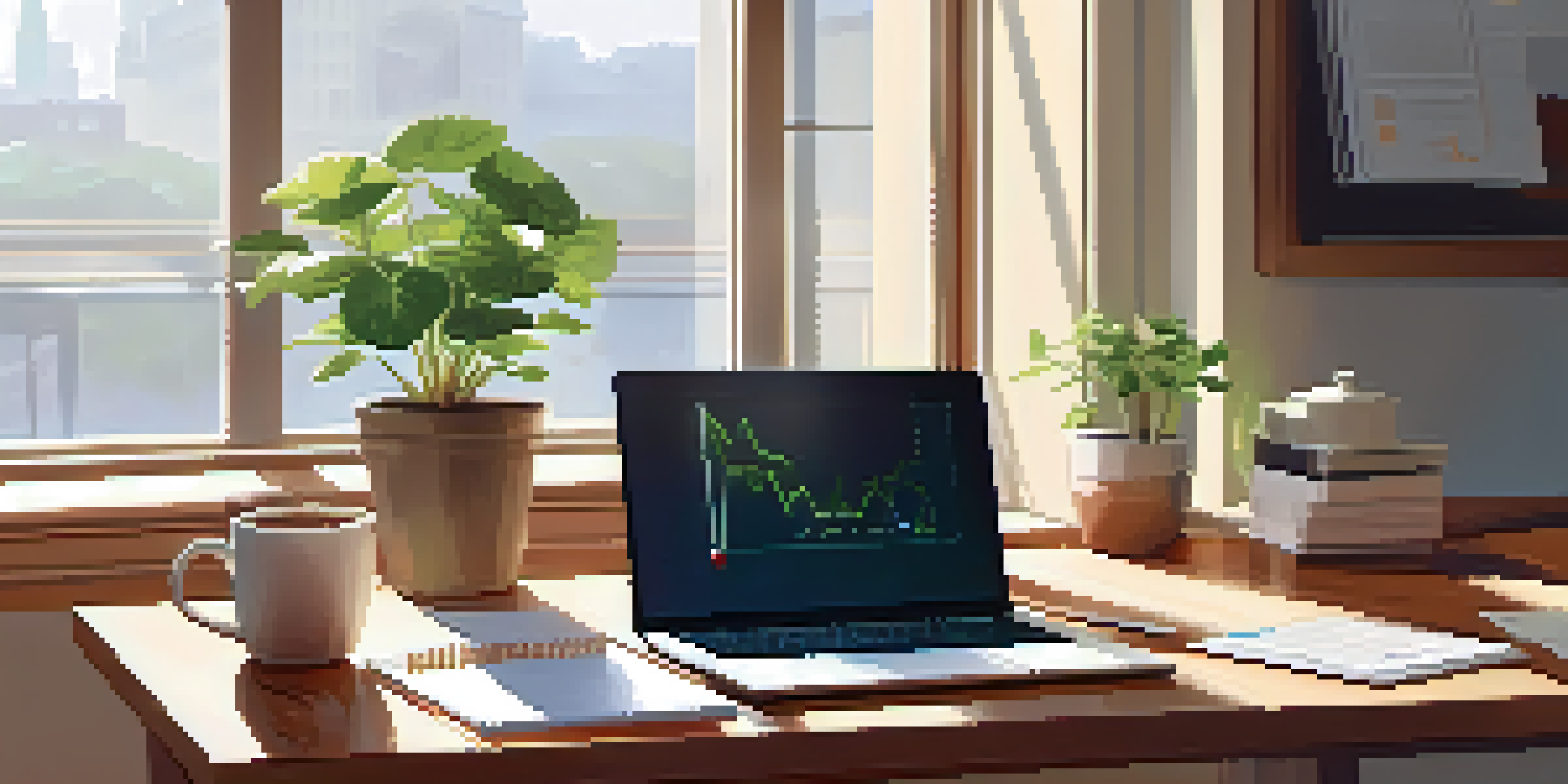 A peaceful office space featuring a wooden desk with a laptop, potted plant, and a cup of coffee, illuminated by soft morning light.