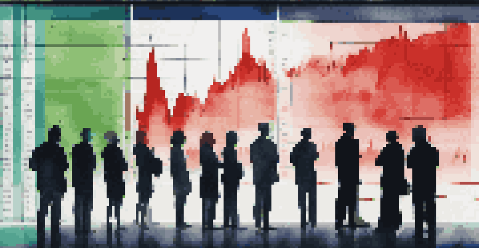 An abstract illustration of a stock market chart with colorful trends and silhouettes of people analyzing data.