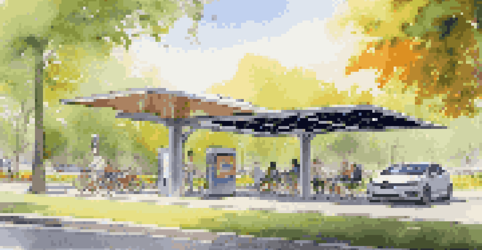 A solar-powered charging station for electric vehicles in a city park, surrounded by flowers and trees, with people enjoying a picnic.
