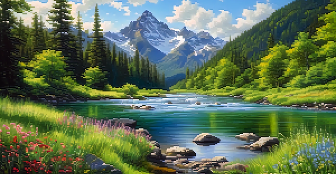 A picturesque forest scene with sunlight, a river, and blooming wildflowers, framed by mountains and a blue sky.