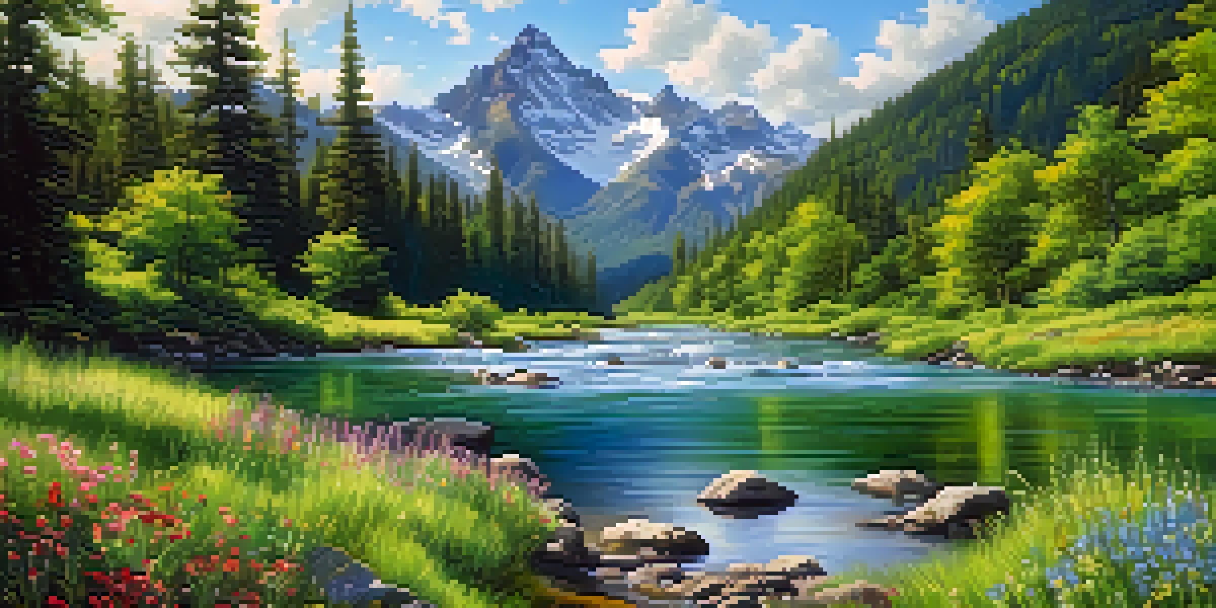 A picturesque forest scene with sunlight, a river, and blooming wildflowers, framed by mountains and a blue sky.