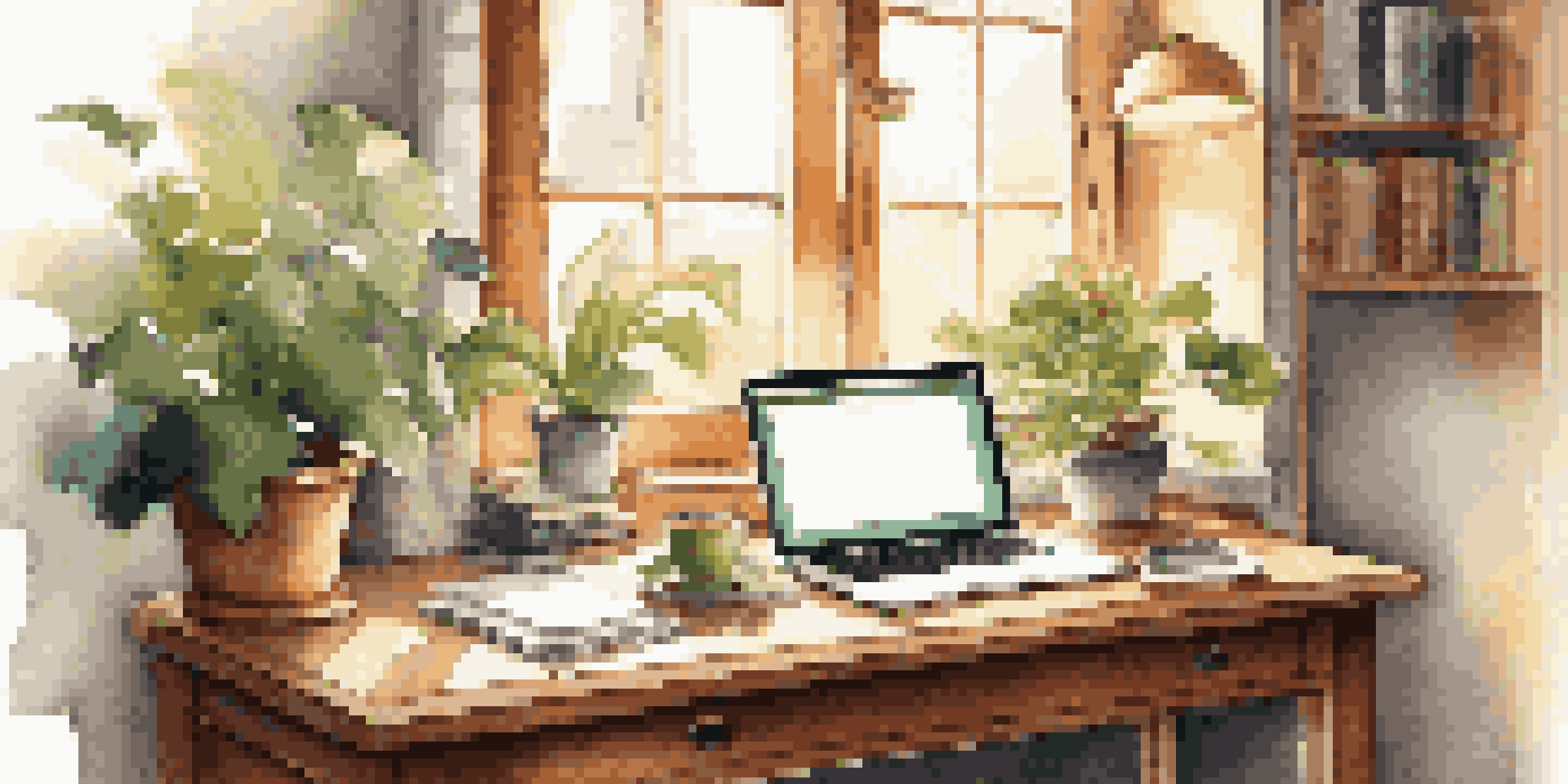 A cozy home office with a wooden desk, laptop, potted plant, and coffee cup, illuminated by sunlight.