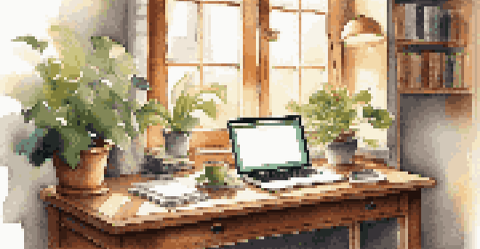A cozy home office with a wooden desk, laptop, potted plant, and coffee cup, illuminated by sunlight.