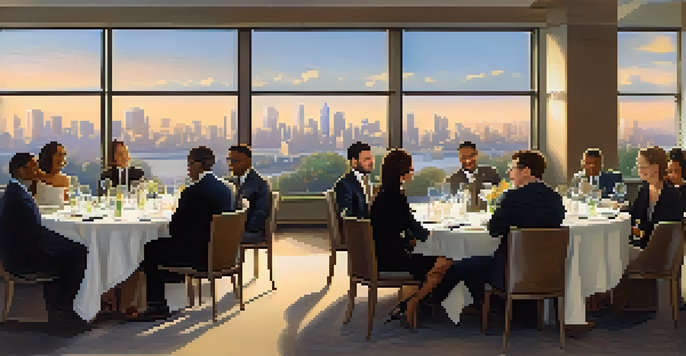 A diverse group of professionals networking at an elegant event, engaged in conversation and exchanging business cards.