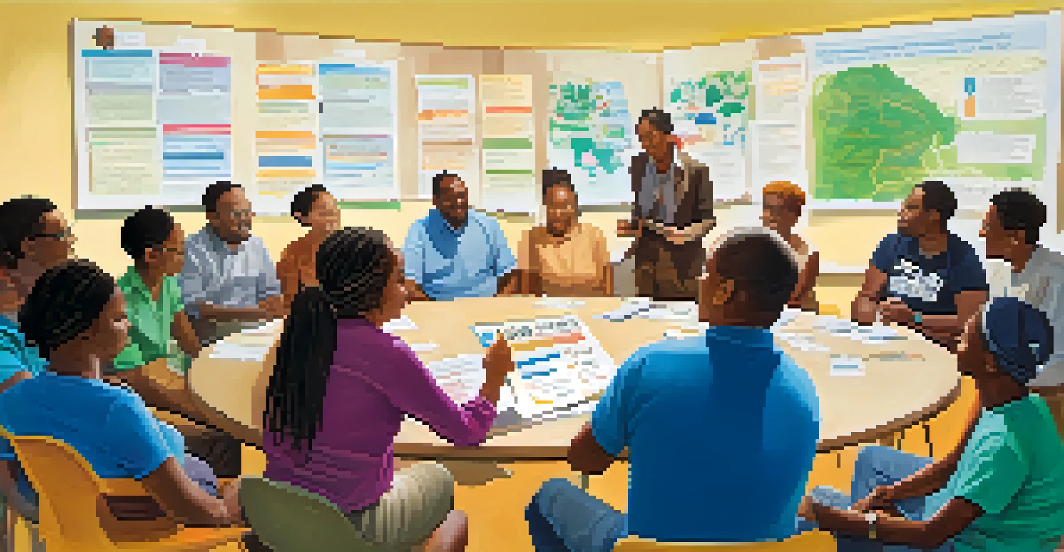 A community workshop with diverse participants sharing financial tips in a bright room, surrounded by charts and posters on the walls, creating a friendly atmosphere.