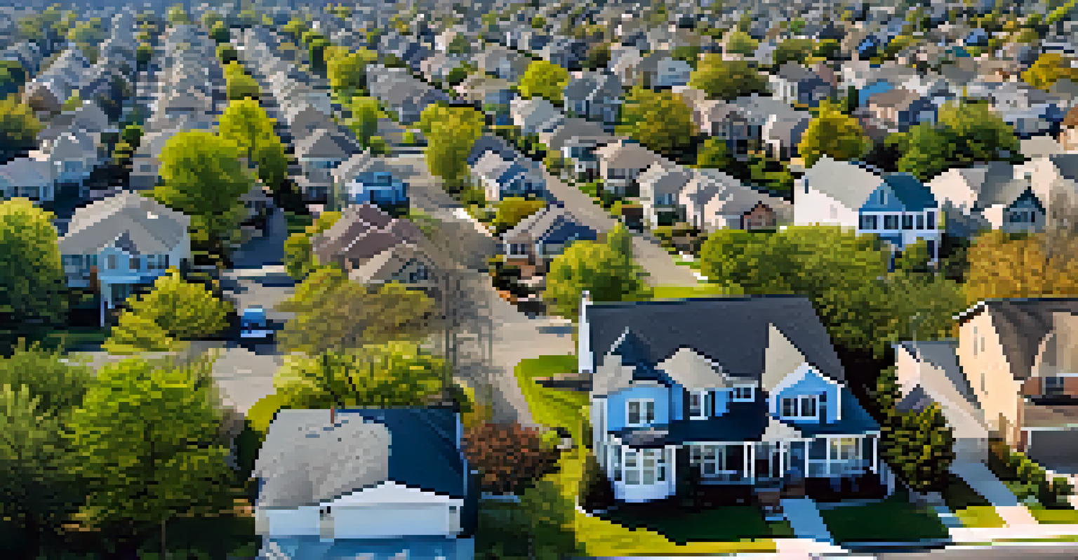 An aerial perspective of a neighborhood with 'For Sale' signs in front of various houses.