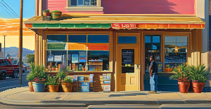 A small business owner standing in front of their shop during sunset, showcasing a sense of confidence and resilience.