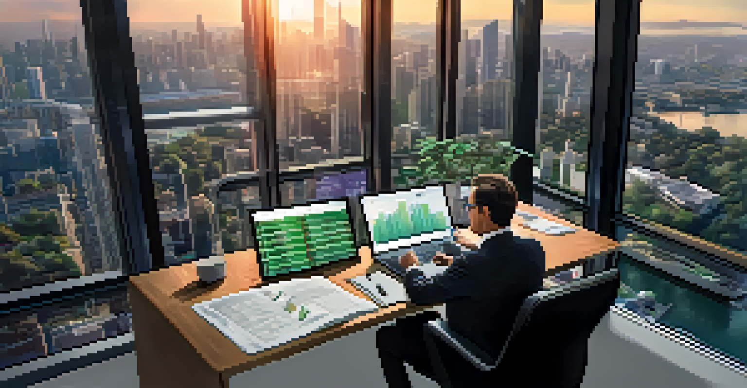 An investor at a desk analyzing political risk data on a tablet with a city view.