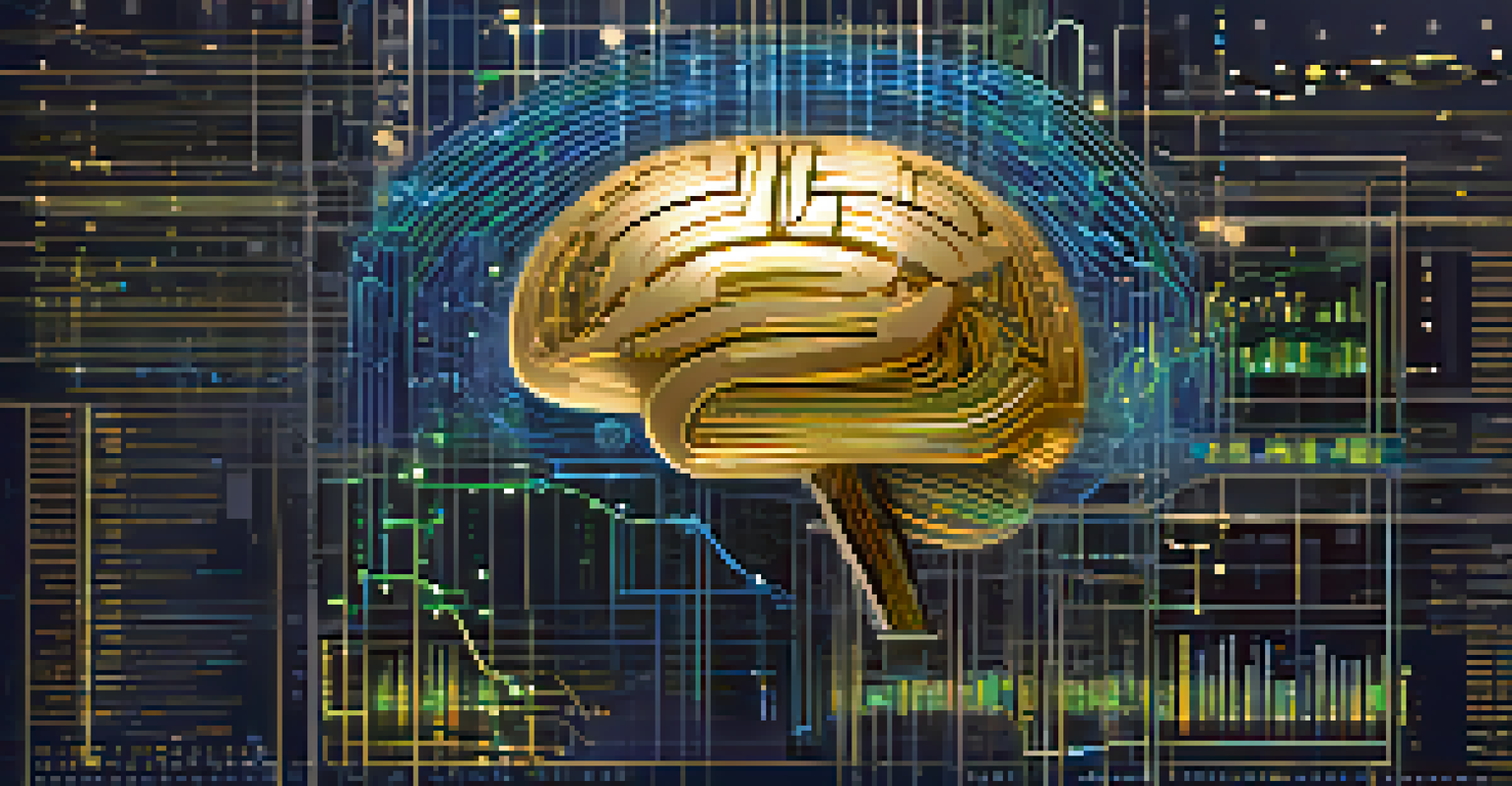 An abstract image of a glowing brain with circuit patterns and stock market graphs representing AI in investing.