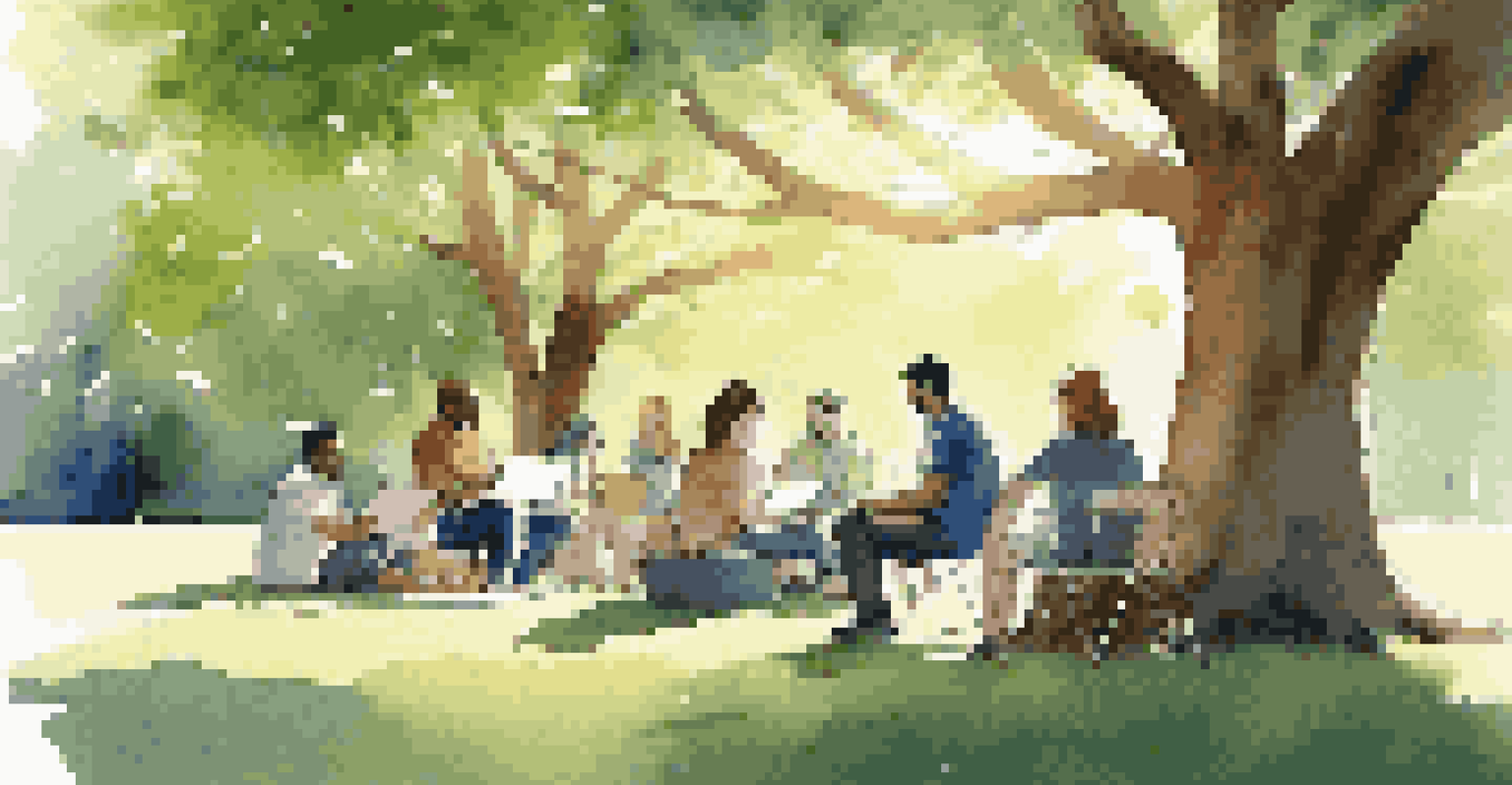 A team brainstorming outdoors under a large tree, with notebooks and laptops, in a peaceful and productive atmosphere.