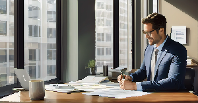 A property manager sitting at a desk in an office, surrounded by paperwork and a laptop, reviewing lease agreements.