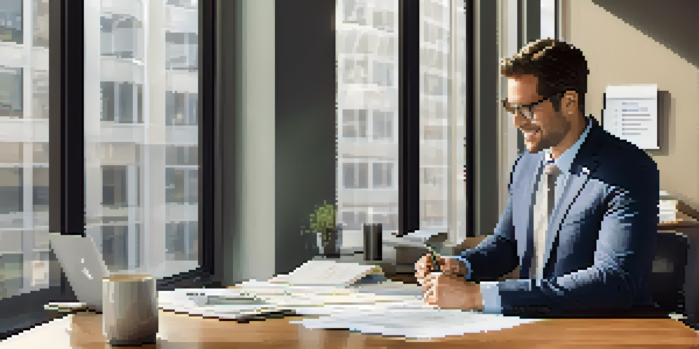 A property manager sitting at a desk in an office, surrounded by paperwork and a laptop, reviewing lease agreements.