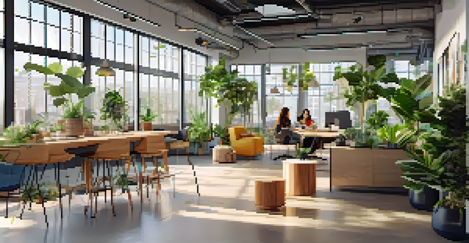A modern workspace with professionals discussing carbon capture technology, surrounded by plants and eco-friendly decor.