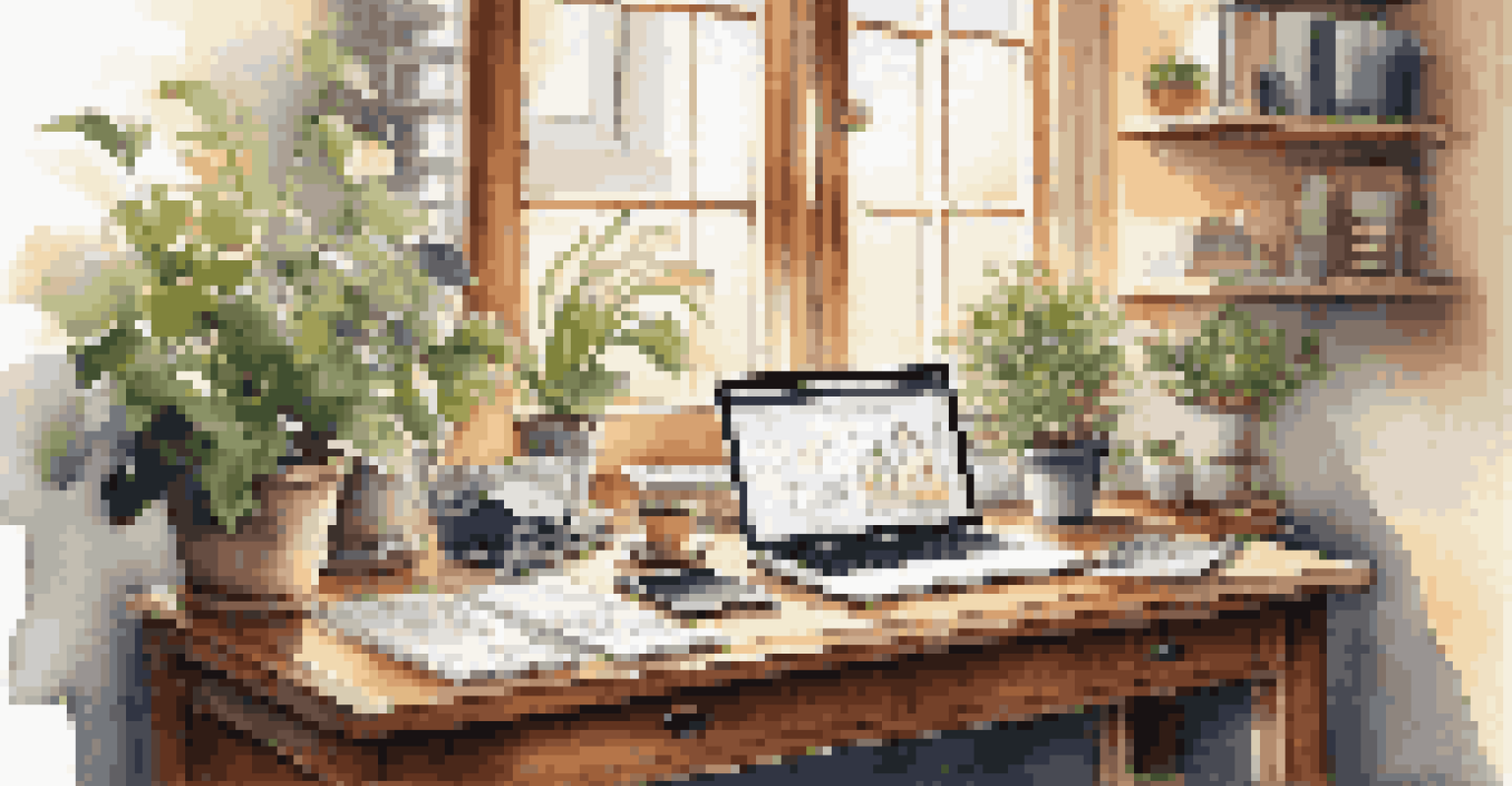 A home office with financial reports and a laptop showing stock market data, illuminated by sunlight.