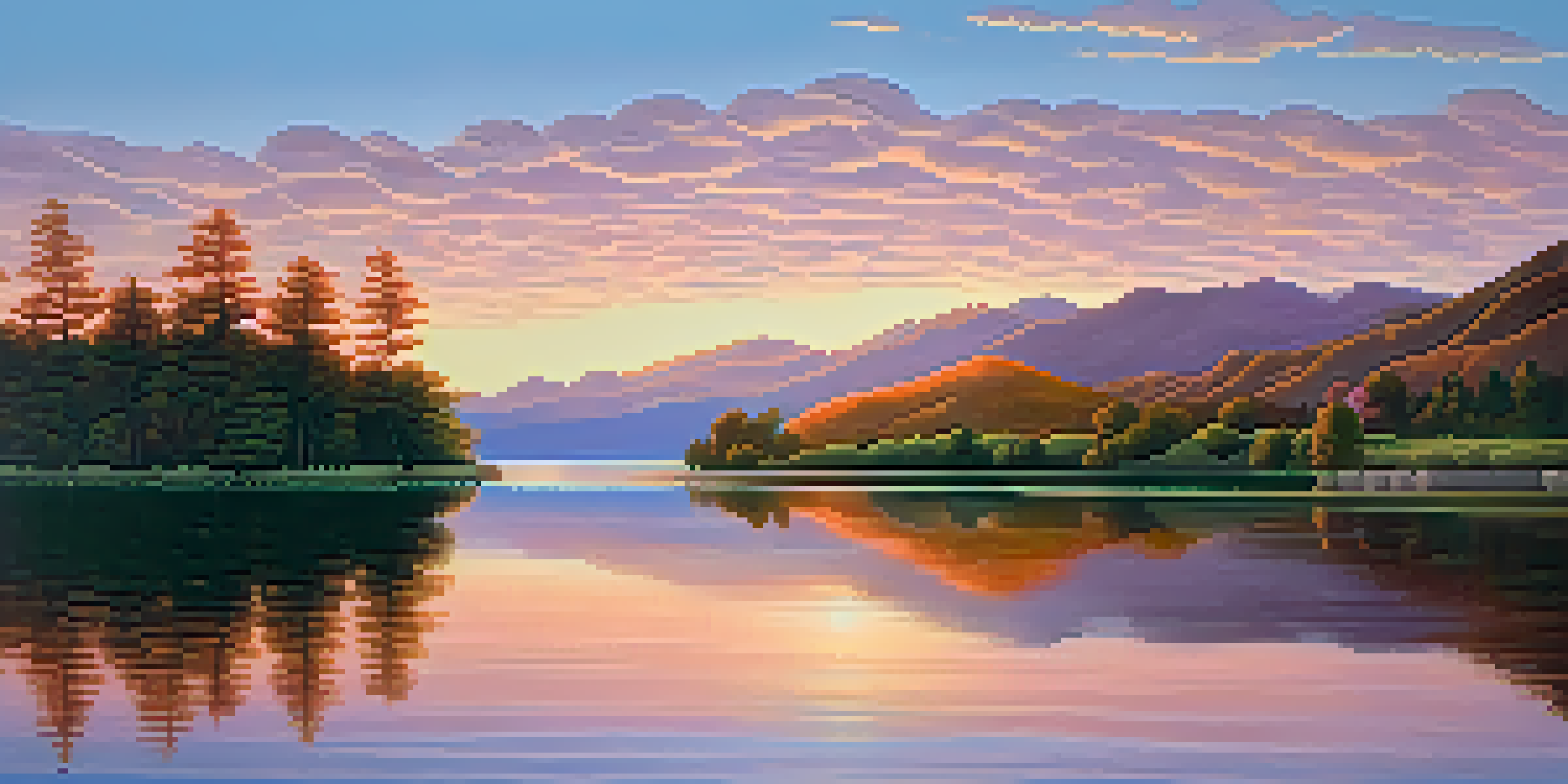A peaceful lake with surrounding green mountains during sunset, reflecting warm colors in the water.