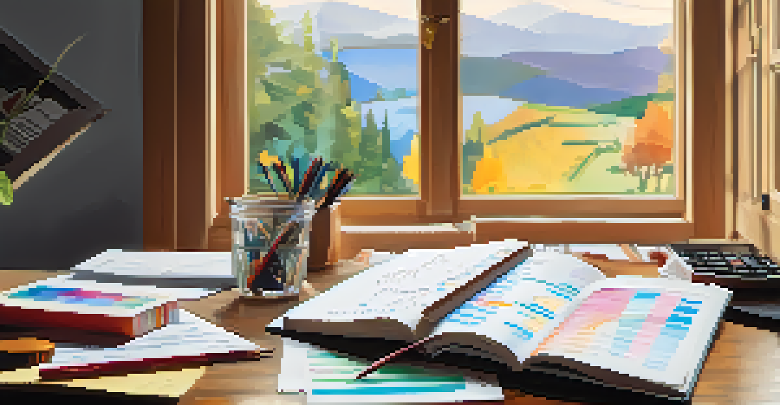 A close-up of a notebook with charts and graphs, a family photo, and a calculator in a cozy living room.