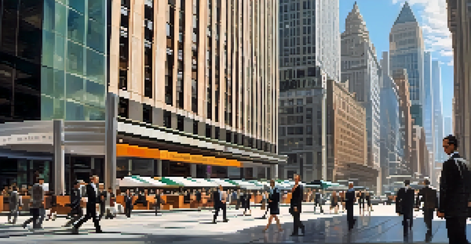 A busy financial district with skyscrapers, professionals in business attire, and digital stock market tickers, all under bright sunlight.