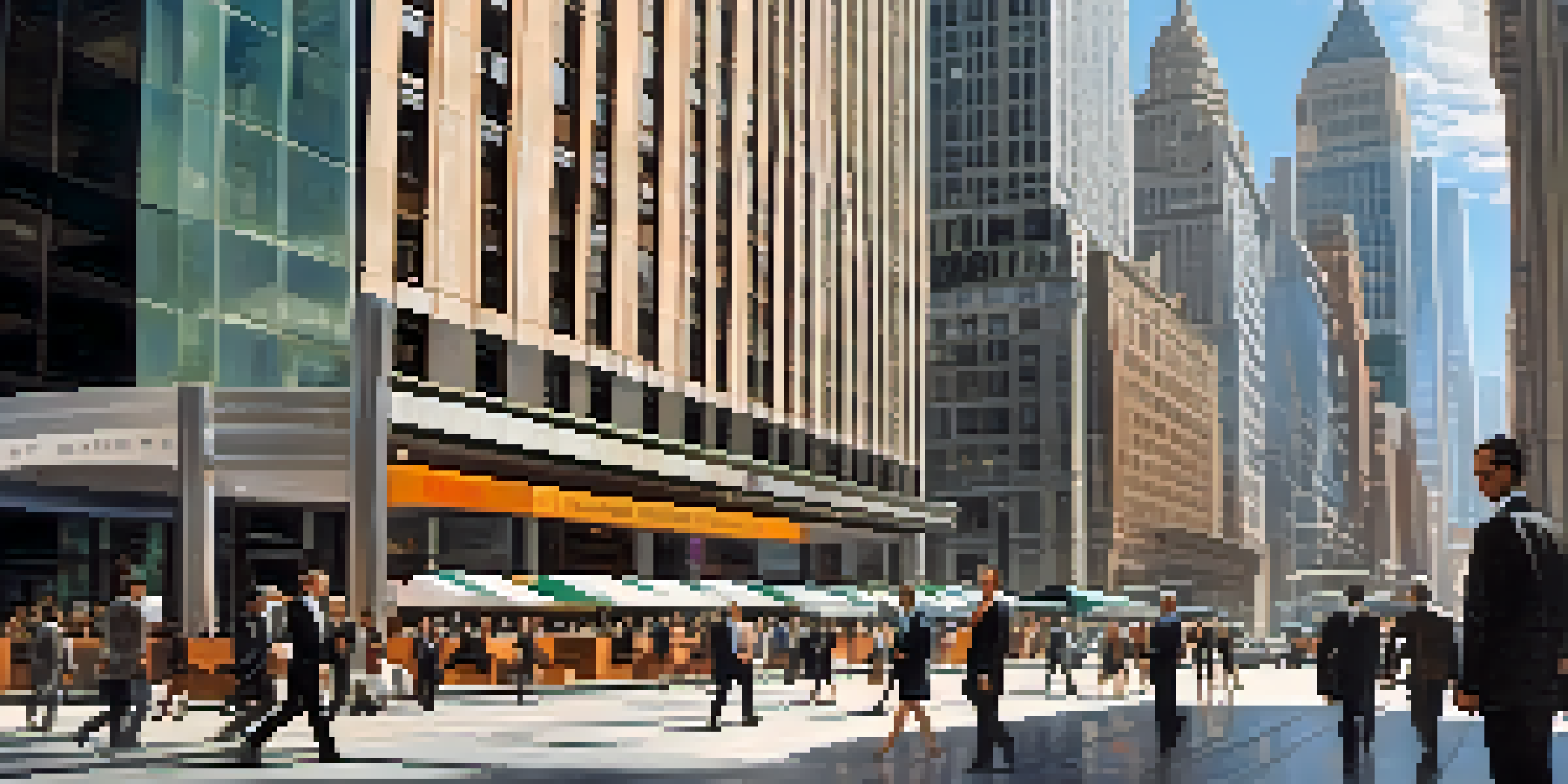 A busy financial district with skyscrapers, professionals in business attire, and digital stock market tickers, all under bright sunlight.