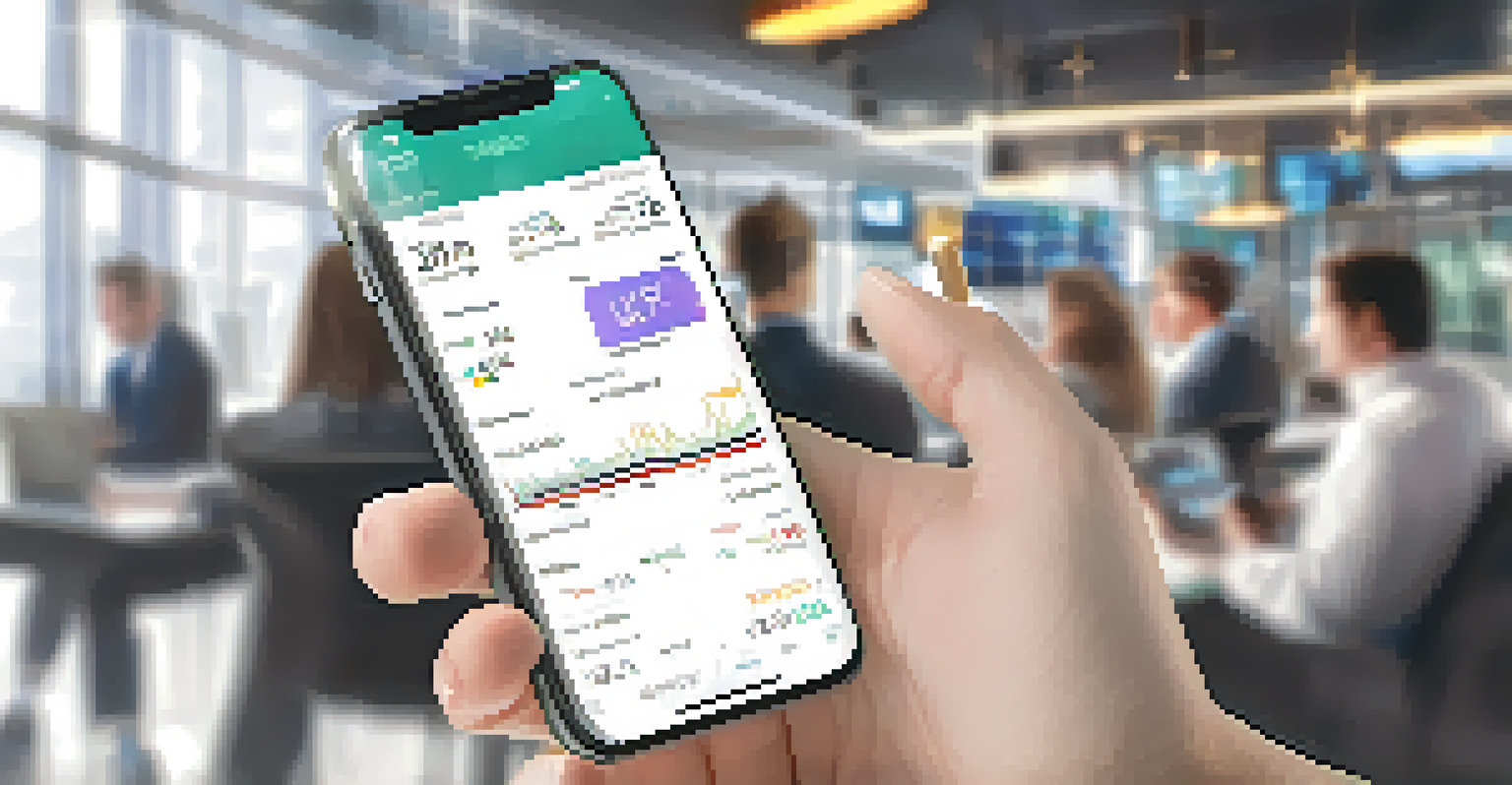 A close-up of a hand holding a smartphone with a cryptocurrency trading app showing fluctuating price graphs in a modern office.