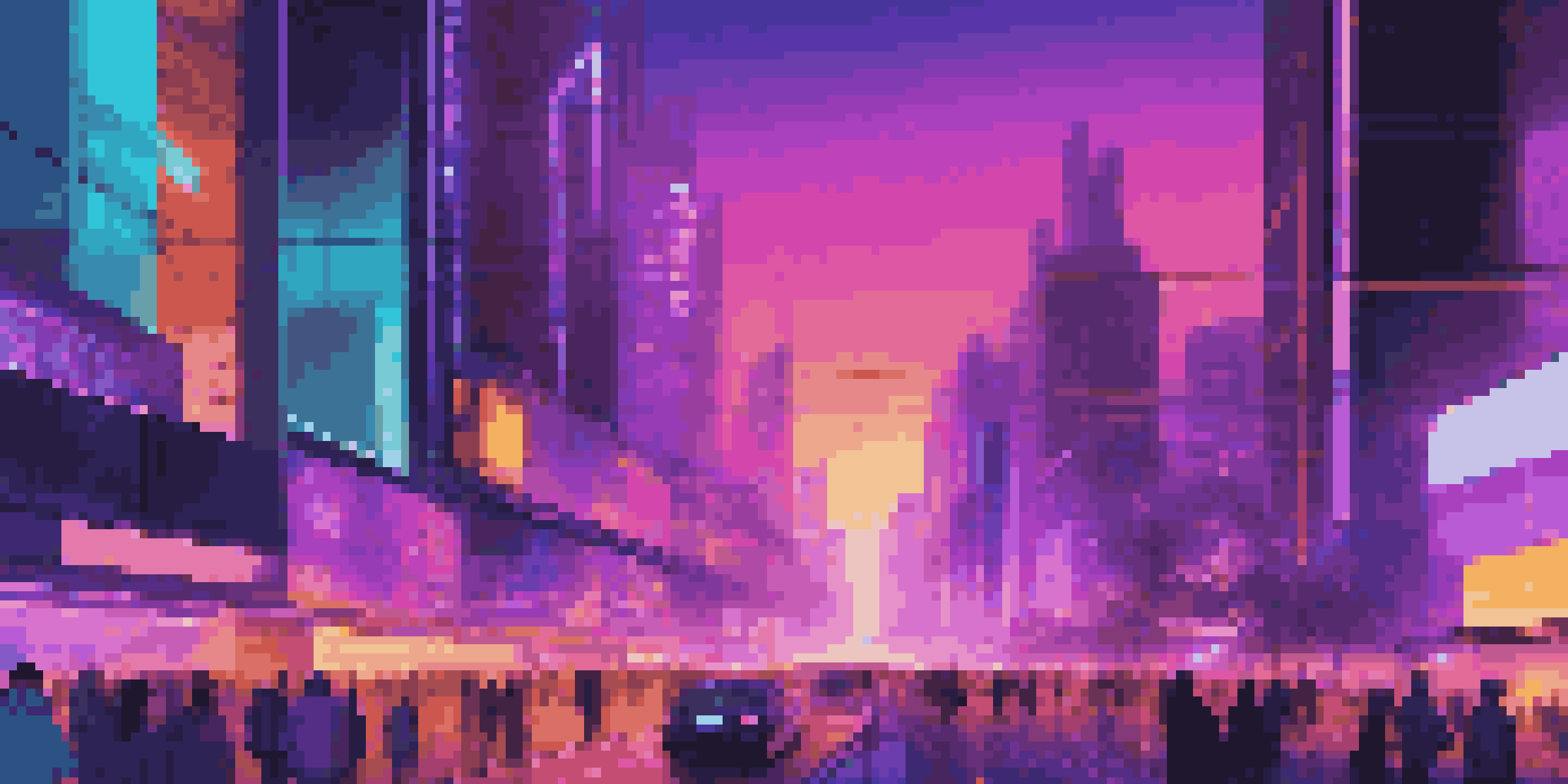 A vibrant futuristic cityscape at dusk, with neon lights and bustling streets.