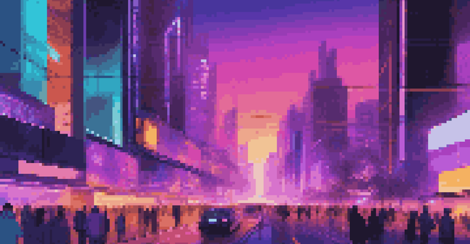 A vibrant futuristic cityscape at dusk, with neon lights and bustling streets.