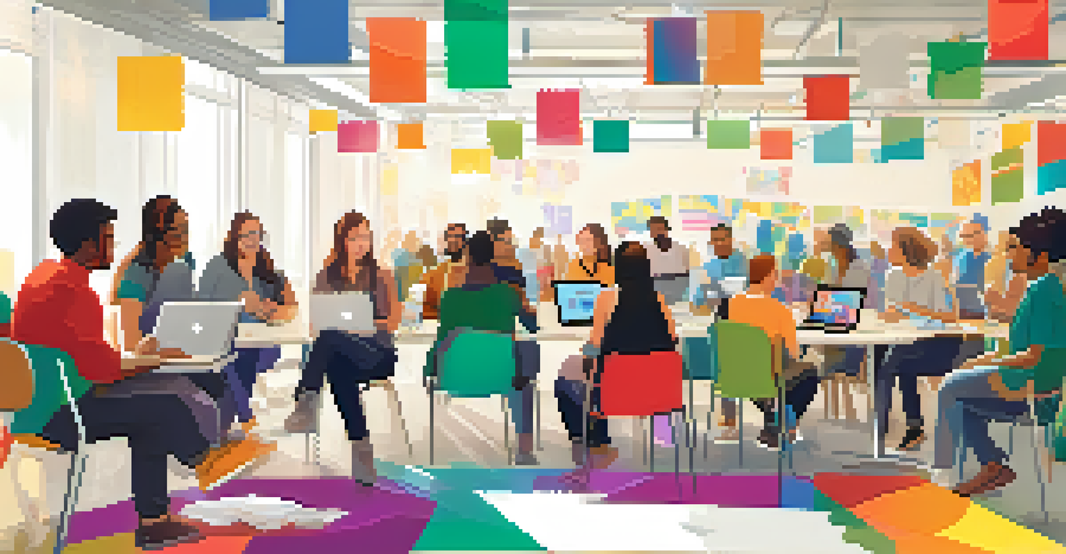 A lively community forum with people discussing crowdfunding projects, surrounded by colorful banners and modern technology.