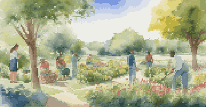 A diverse group of people planting trees and discussing sustainability in a lush green landscape with flowers.