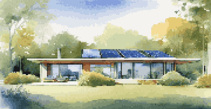 A modern sustainable house with solar panels, surrounded by greenery and a garden, under a bright blue sky.