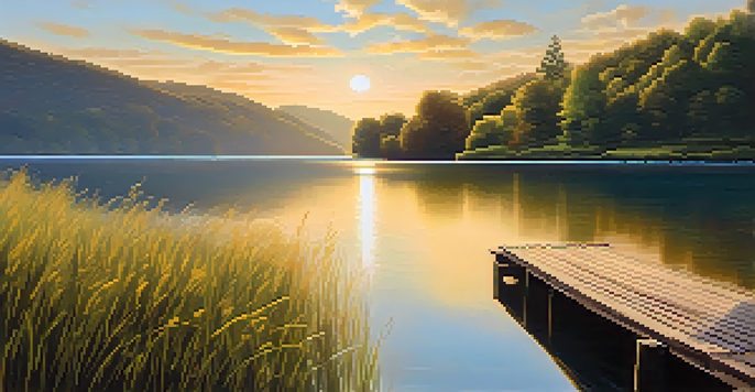 A tranquil lake surrounded by green hills and a sunset sky, with a wooden dock in the foreground.