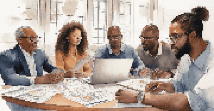 A diverse group of people sitting around a table in a financial workshop, discussing and looking at charts and laptops.