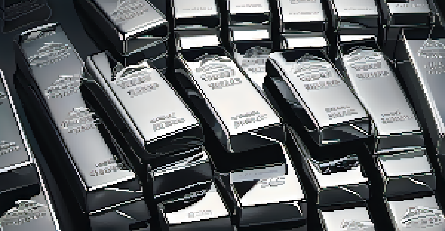 Silver and platinum bars stacked on a polished surface with dramatic lighting.