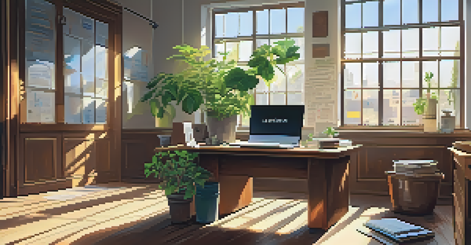A sunlit office space with a wooden desk, laptop showing financial graphs, and a potted plant, illuminated by natural light.