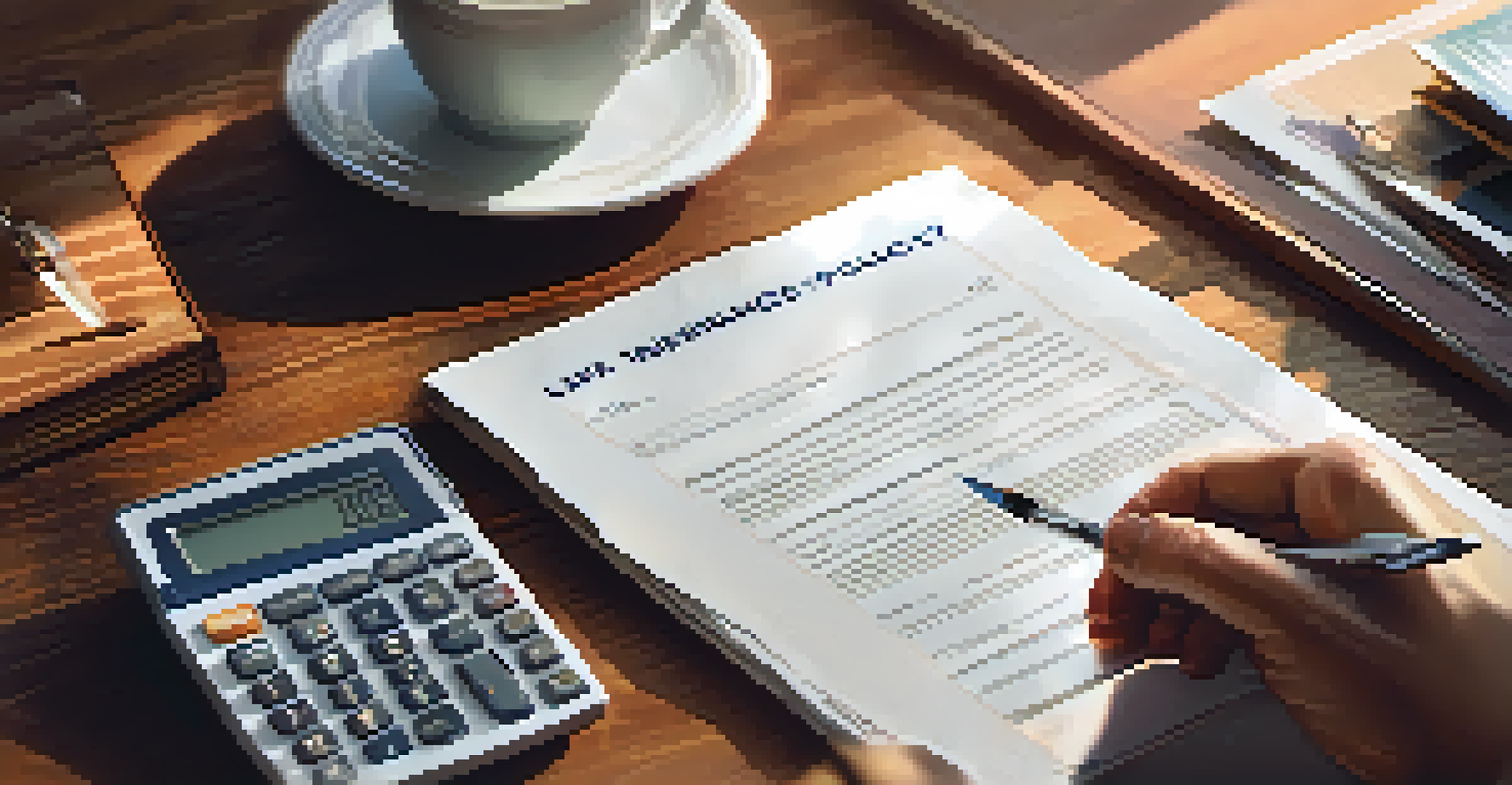 Close-up of hands holding a life insurance policy document, with a calculator and coffee cup on a wooden table.
