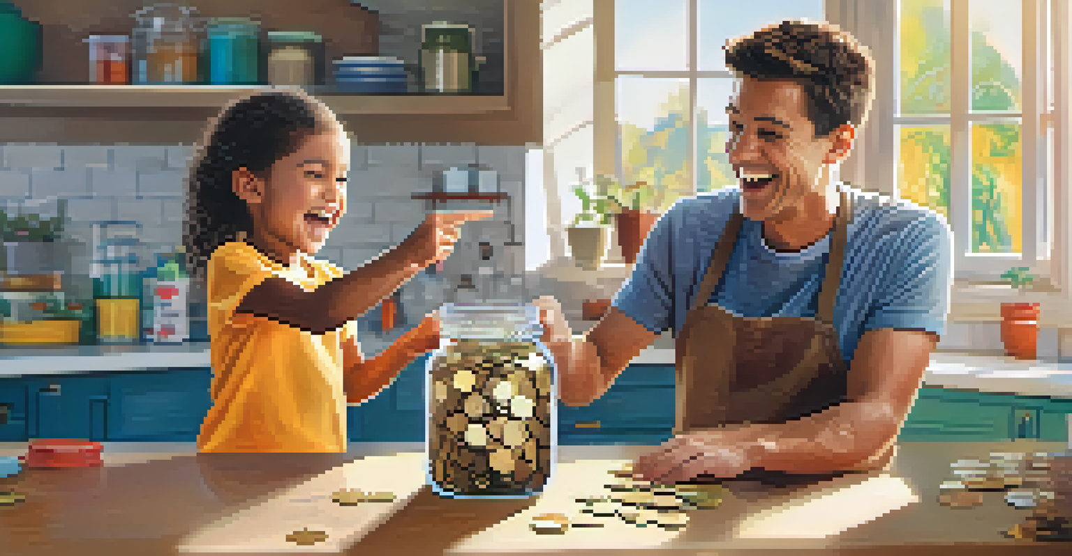 A child showing a savings jar to a parent in a bright kitchen, emphasizing the importance of saving money together.