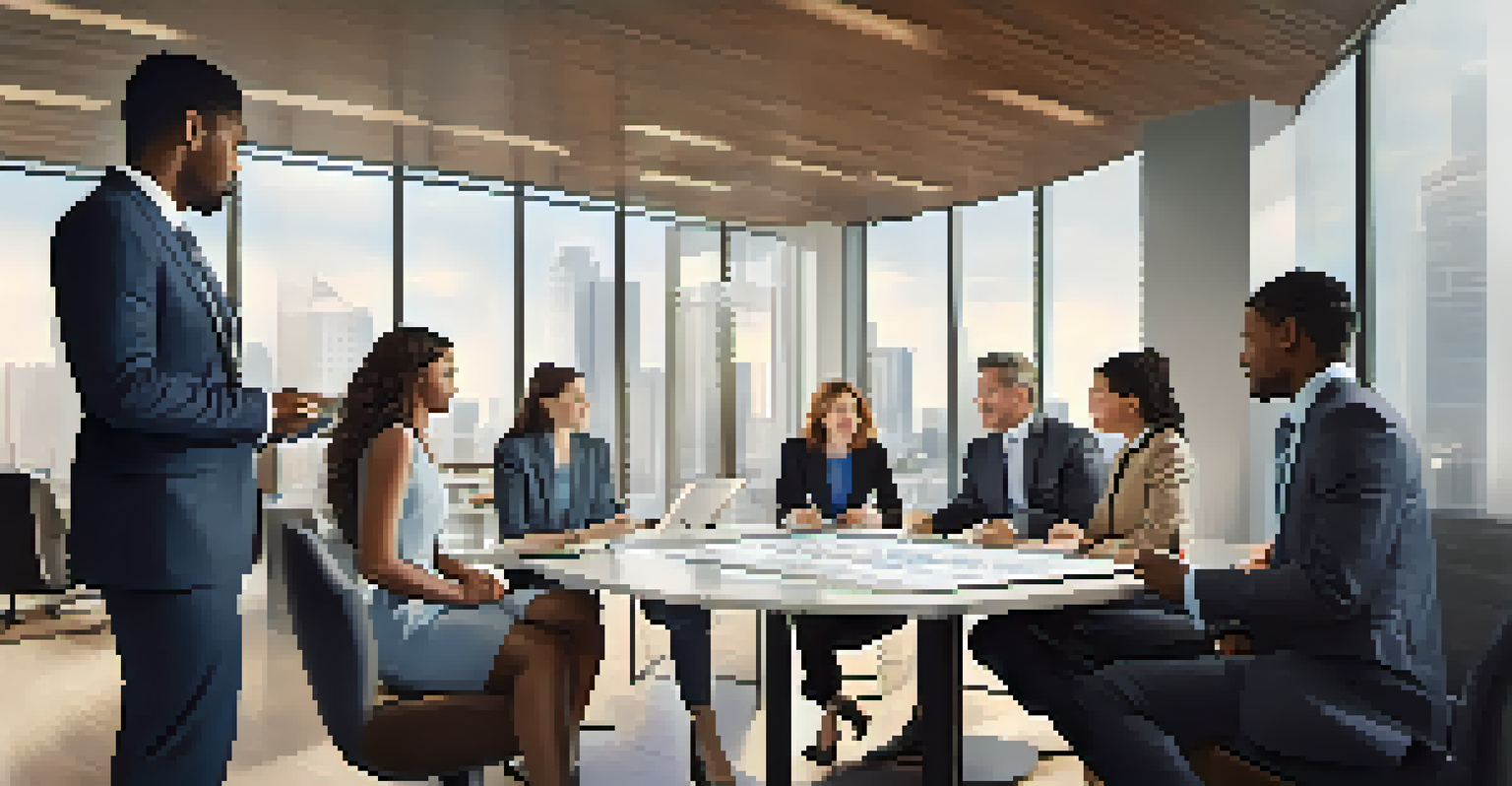 Diverse business professionals discussing financial statements around a conference table in a modern office.