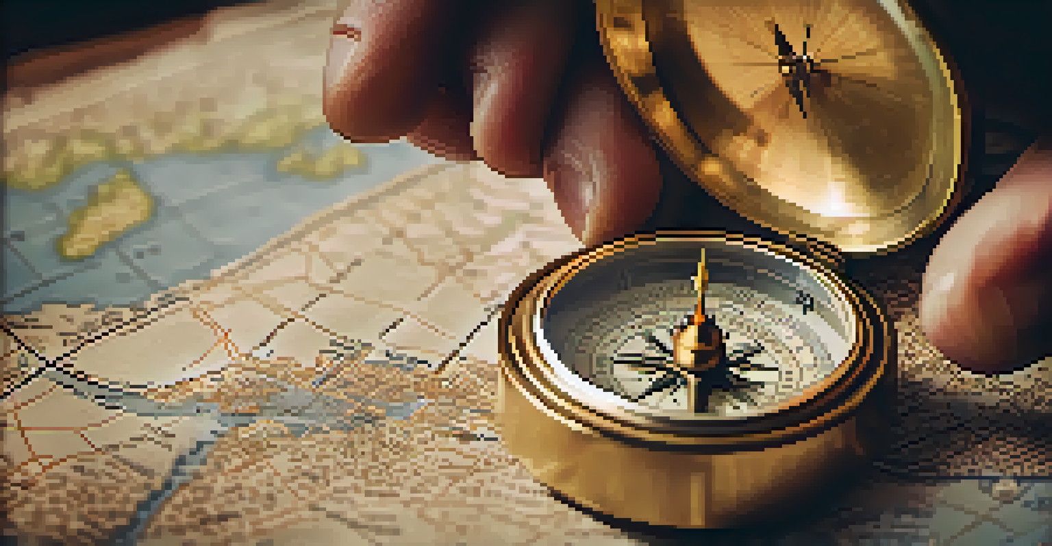 A hand holding a brass compass over an aged map, representing planning and direction.