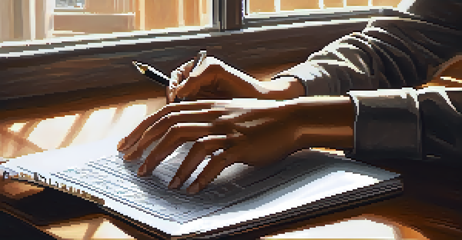 Close-up of hands typing on a laptop with financial notes and a coffee cup beside it.
