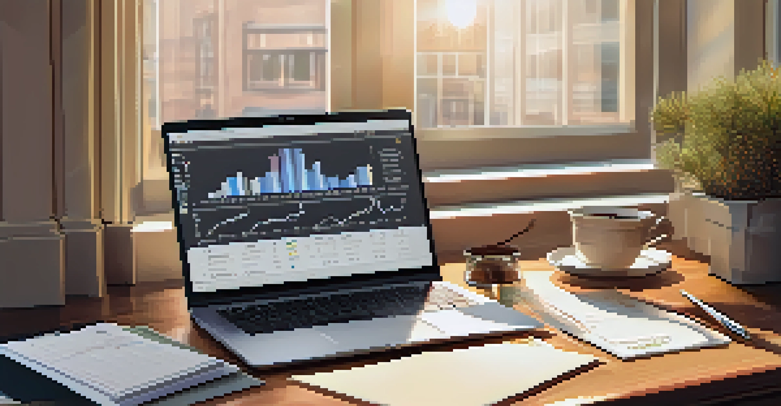 A financial planner's desk with a laptop showing investment charts, a notepad of notes, and a cup of coffee in morning light.