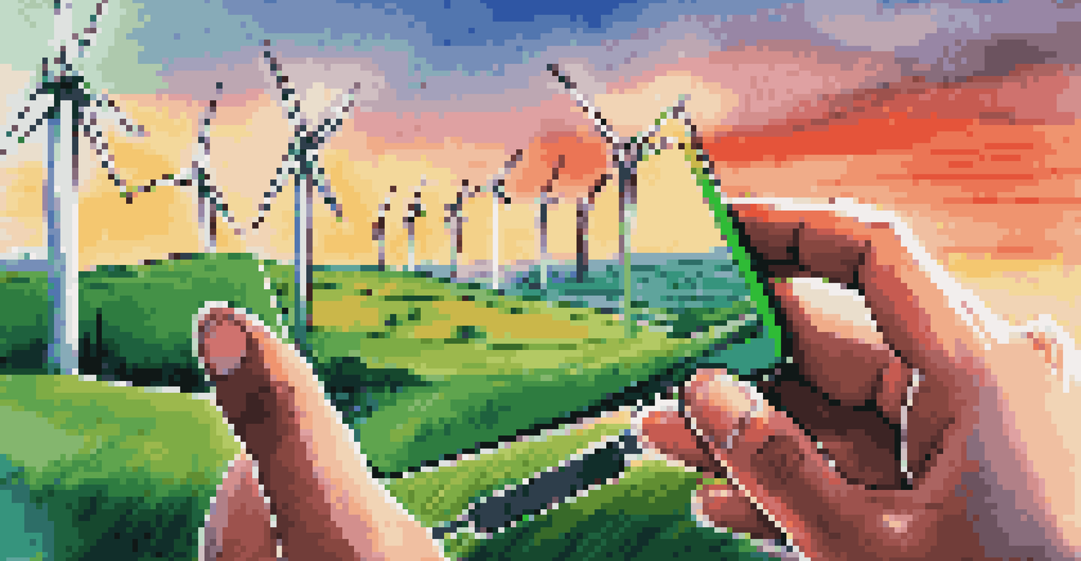 A wind farm at sunset with turbines and a close-up of a hand holding a smartphone displaying energy statistics.