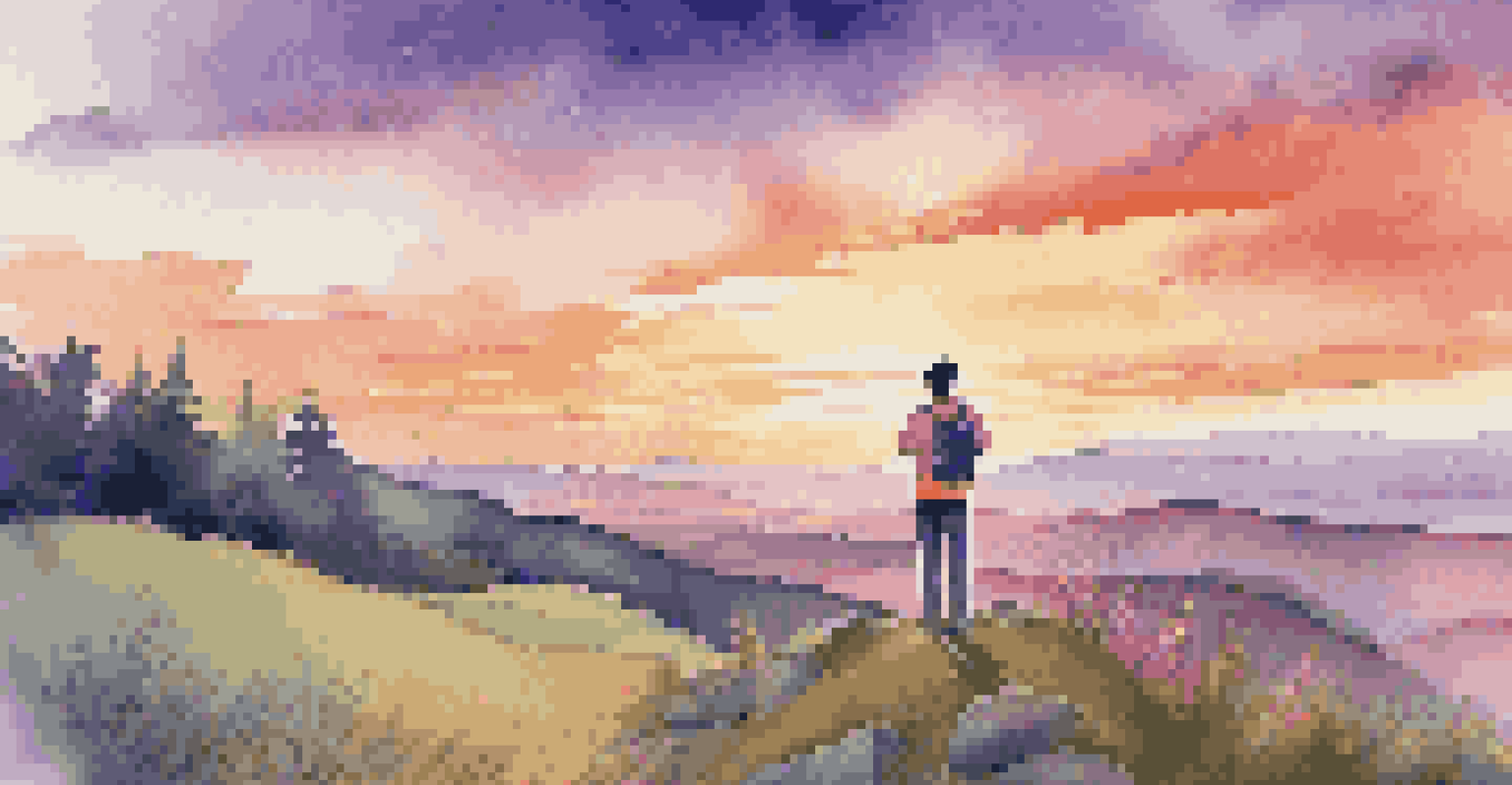 A person on a hilltop at sunset, holding a notebook, overlooking a beautiful landscape, symbolizing hope and planning.